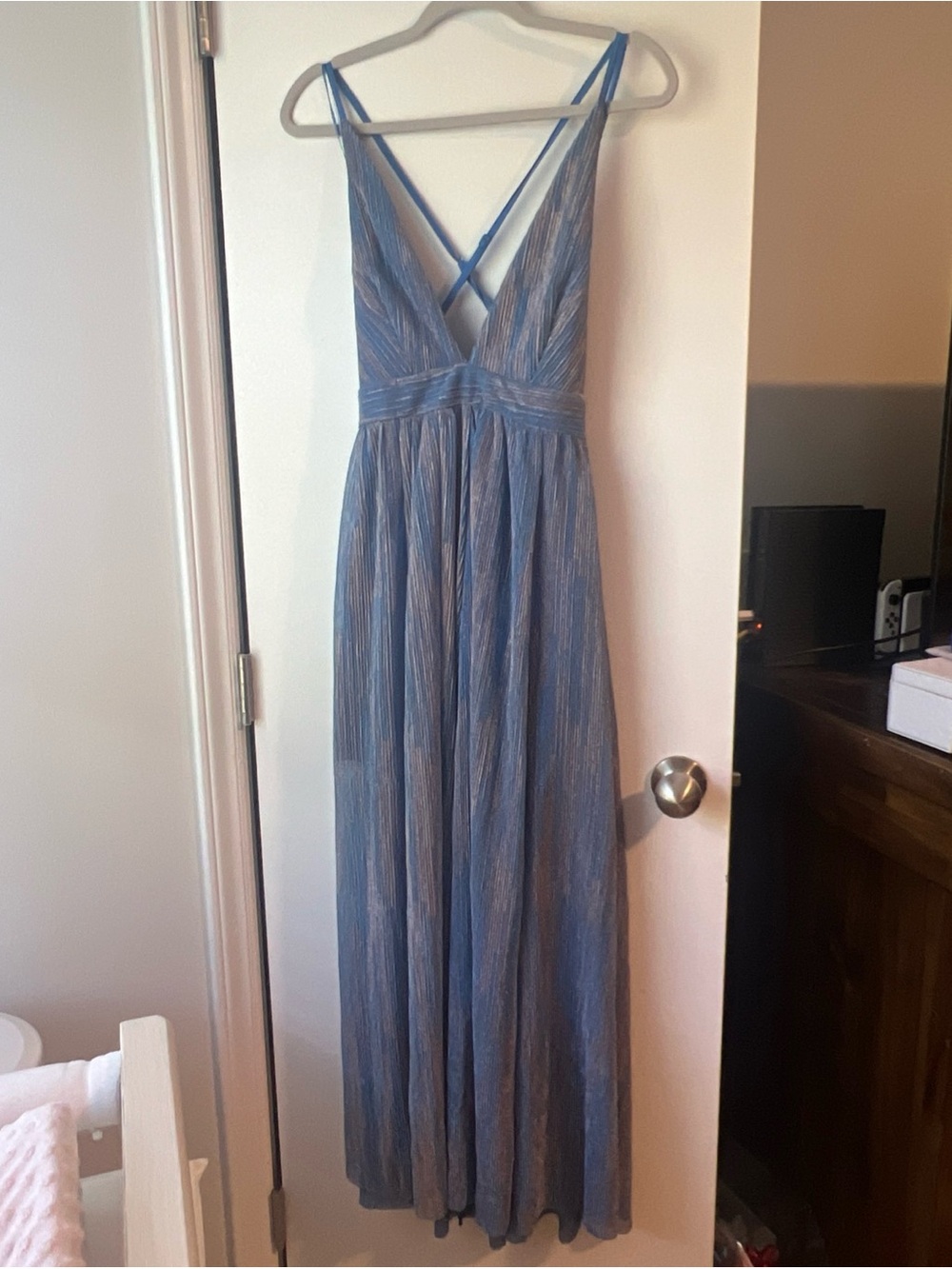 Luxxel Dusty Blue V-Neck Crisscross Strap Maxi Dress